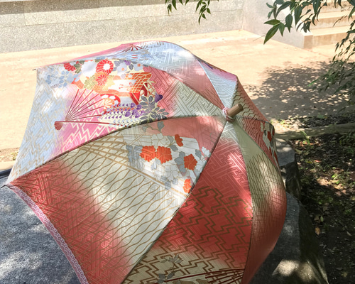 着物リメイク日傘（振袖、扇子、花） 傘・日傘 グリーンキャット（ねこ