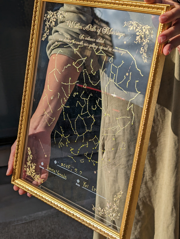 星座の結婚証明書【ガラスとアクリルの2枚重ね】アンティークフレームゲスト参加型60名〜可- 星座の結婚証明書
