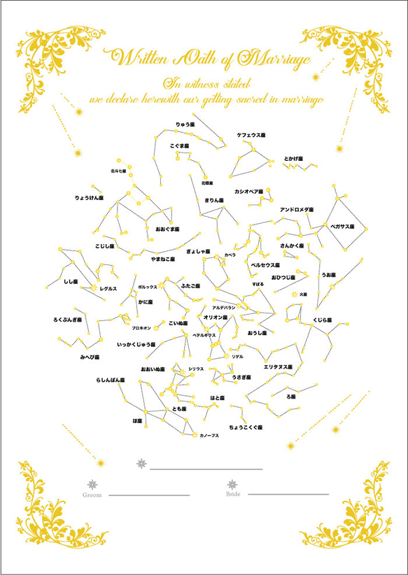 星座の結婚証明書【ガラスとアクリルの2枚重ね】アンティークフレームゲスト参加型60名〜可- 星座の結婚証明書