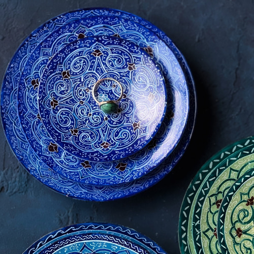 ペルシャのエナメル皿3枚セット 飾り皿 ジュエリートレイ（ネイビー  