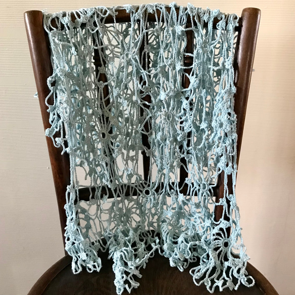 コットンリネン糸　モチーフ編みのショール　ストール　かぎ針編み　編み物　大判ショール 4枚目の画像