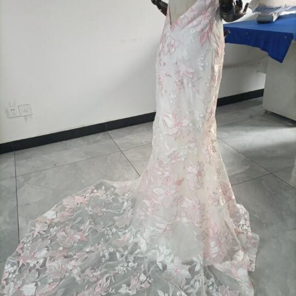 優雅婚紗 淺粉色蕾絲褶邊火車露背性感新娘/婚禮 第8張的照片