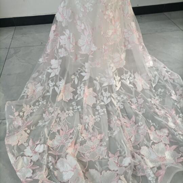 優雅婚紗 淺粉色蕾絲褶邊火車露背性感新娘/婚禮 第9張的照片