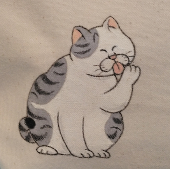 手描きキジ白猫のトートバッグ･生成り 2枚目の画像