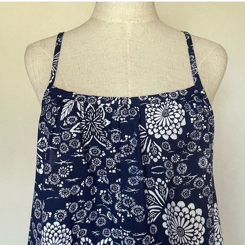 浴衣リメイクキャミソールワンピース/マキシ丈/紺地・花柄 ワンピース
