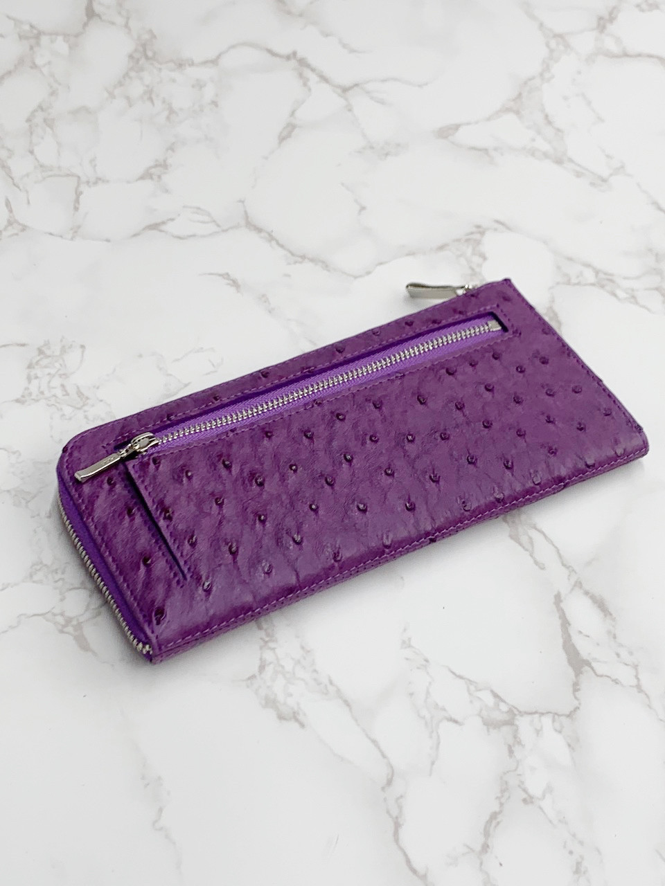 日本製　上質　クライン・カルー　オーストリッチ　薄型　ロングウォレット　長財布　L字ファスナー　紫陽花色