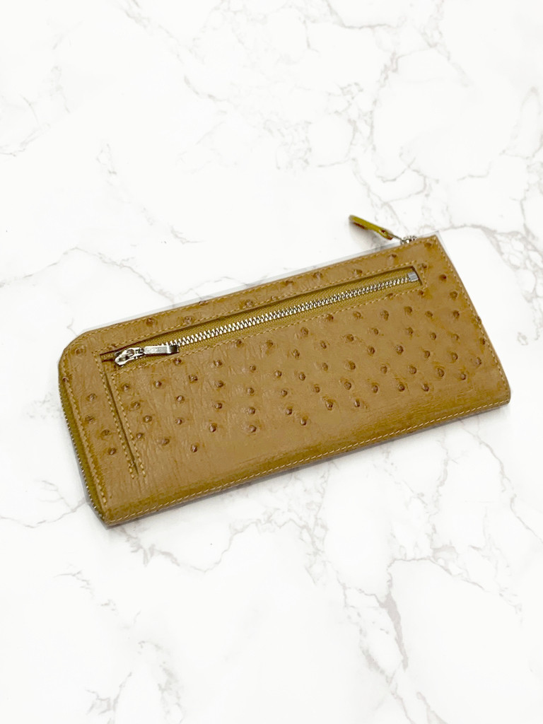 日本製　上質　クライン・カルー　オーストリッチ　薄型　ロングウォレット　財布　長財布　L字ファスナー　エキゾチックレザー