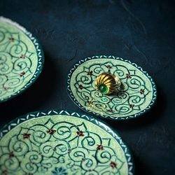 ペルシャのエナメル皿３枚セット　飾り皿　ジュエリートレイ（エメラルド）【ミーナーカーリーC002】 7枚目の画像