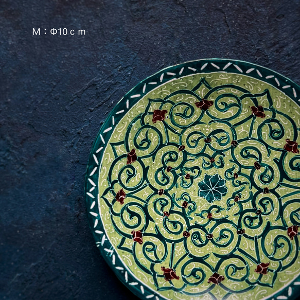 ペルシャのエナメル皿３枚セット　飾り皿　ジュエリートレイ（エメラルド）【ミーナーカーリーC002】 9枚目の画像
