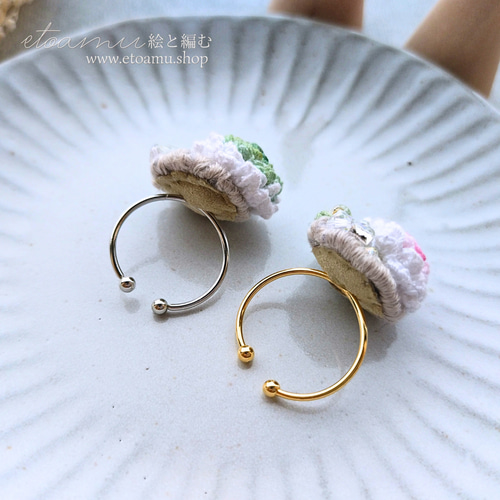 シロツメクサの指輪［ピンク／白］朝つゆをまとう＊手染めレース編み