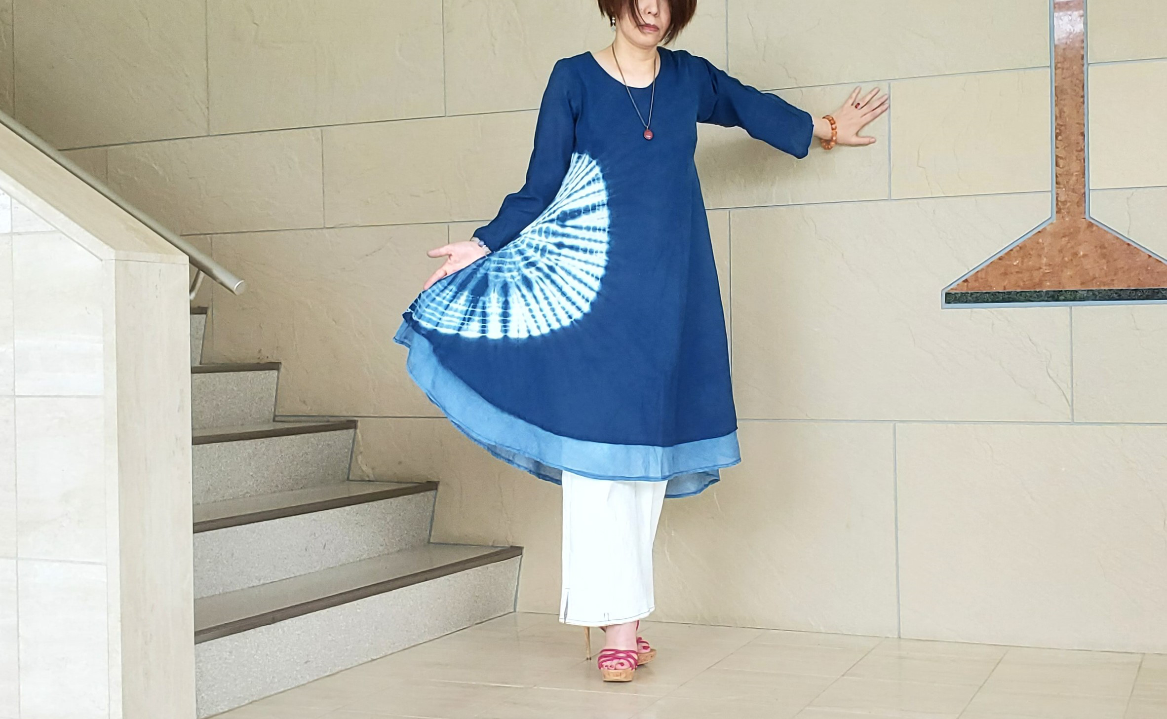 イベント期間 割引中!! 藍染 藍染服 天然藍染 手染め ２重 ロングワンピース 1