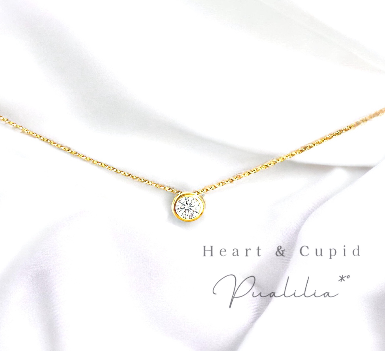 Pualilia*付けっぱなしOK‼️極上の輝き~Heart Cupid~ベゼル一粒ネックレス316L/18K仕上/CZ