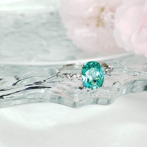 奇跡の煌めき パライバトルマリン リング 7x9mm CZの雫 スターリング