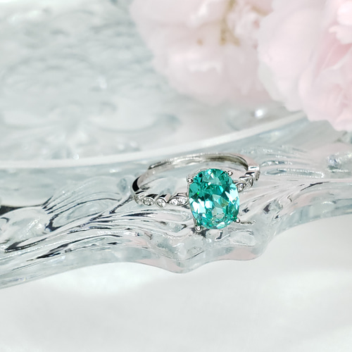 奇跡の煌めき パライバトルマリン リング 7x9mm CZの雫 スターリング