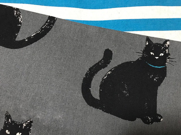 グレー地に黒猫柄半幅帯長尺リバ 4枚目の画像