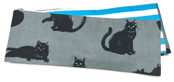グレー地に黒猫柄半幅帯長尺リバ 5枚目の画像