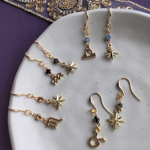 12星座』x『 12誕生石カラー☆クリスタルストーン』 星 八芒星 ピアス