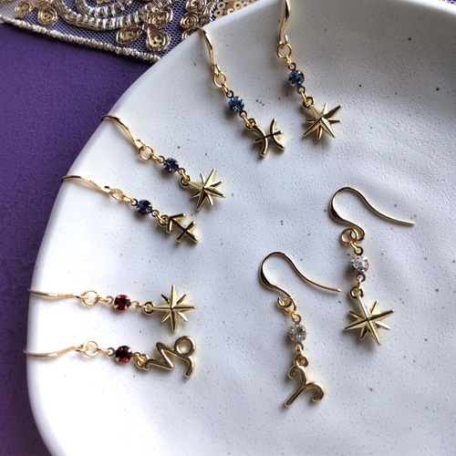 12星座』x『 12誕生石カラー☆クリスタルストーン』 星 八芒星 ピアス