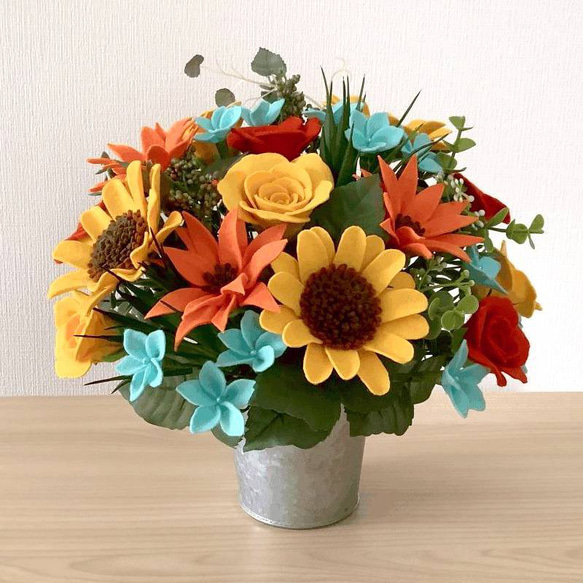 Sold】ひまわりと薔薇の夏カラー フェルトフラワー アレンジメント 