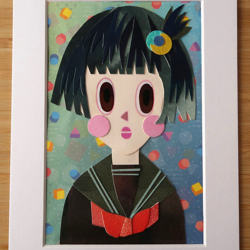数量限定SALE 切り絵 原画「おかっぱヘアなガール」 コラージュ 切り絵 水彩紙 イラスト