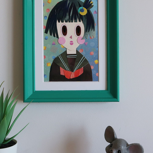 原画「おかっぱヘアなガール」 切り絵 コラージュ 水彩紙 切り絵 Sour