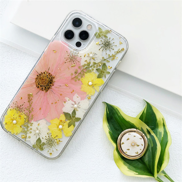 展示 ハンドメイド 押し花iphoneケース /クリアケース パール 押し花