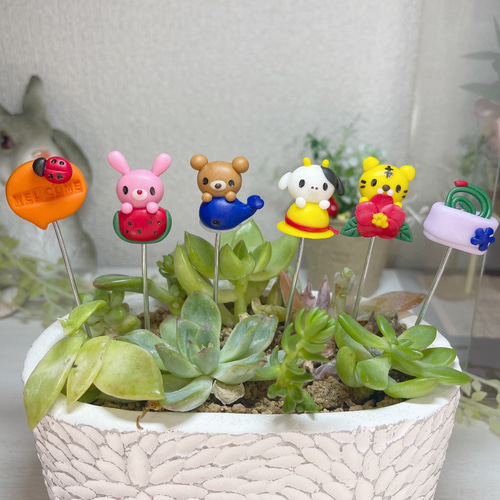 ハンドメイド ガーデンピック 動物さんの夏ピック 多肉植物 多肉
