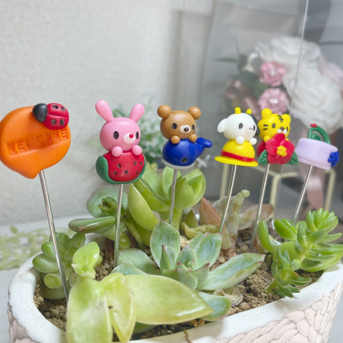 ハンドメイド ガーデンピック 動物さんの夏ピック 多肉植物 多肉