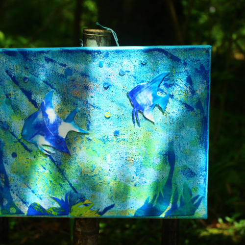 アート作品 アクリル画 命溢れる深海の生き物たちC 大きめキャンバス アクリル画xコラージュシリーズ＜海物語②＞布キャンバス。送料