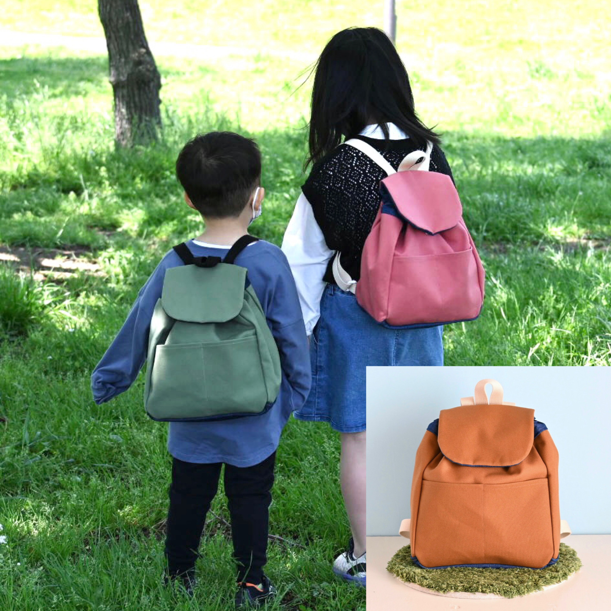 3、4歳くらいからの帆布✖️岡山産デニムのサイズアップリュック＊キャメル(ベージュ紐)受注制作