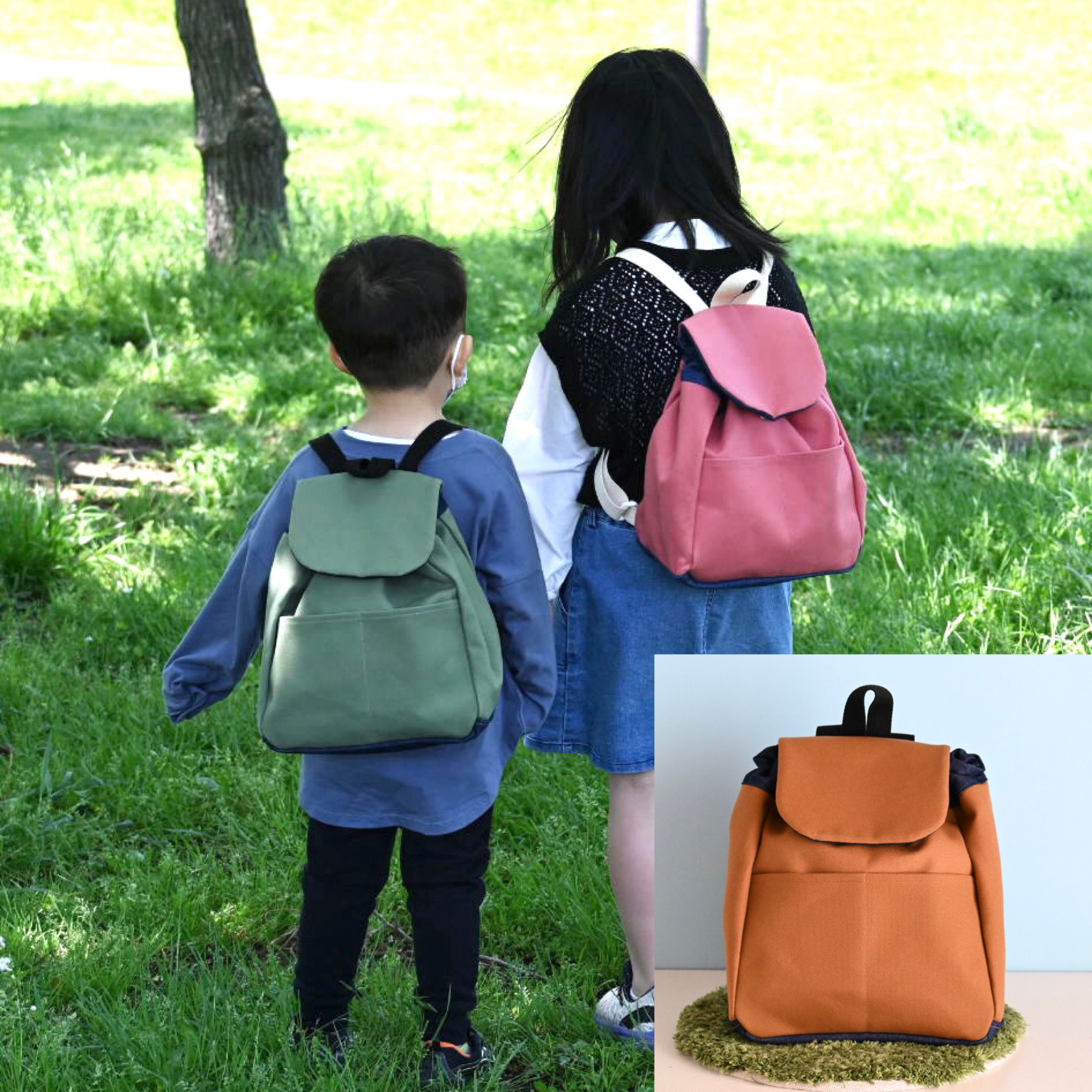 3、4歳くらいからの帆布✖️岡山産デニムのサイズアップリュック＊キャメル(ブラック紐)