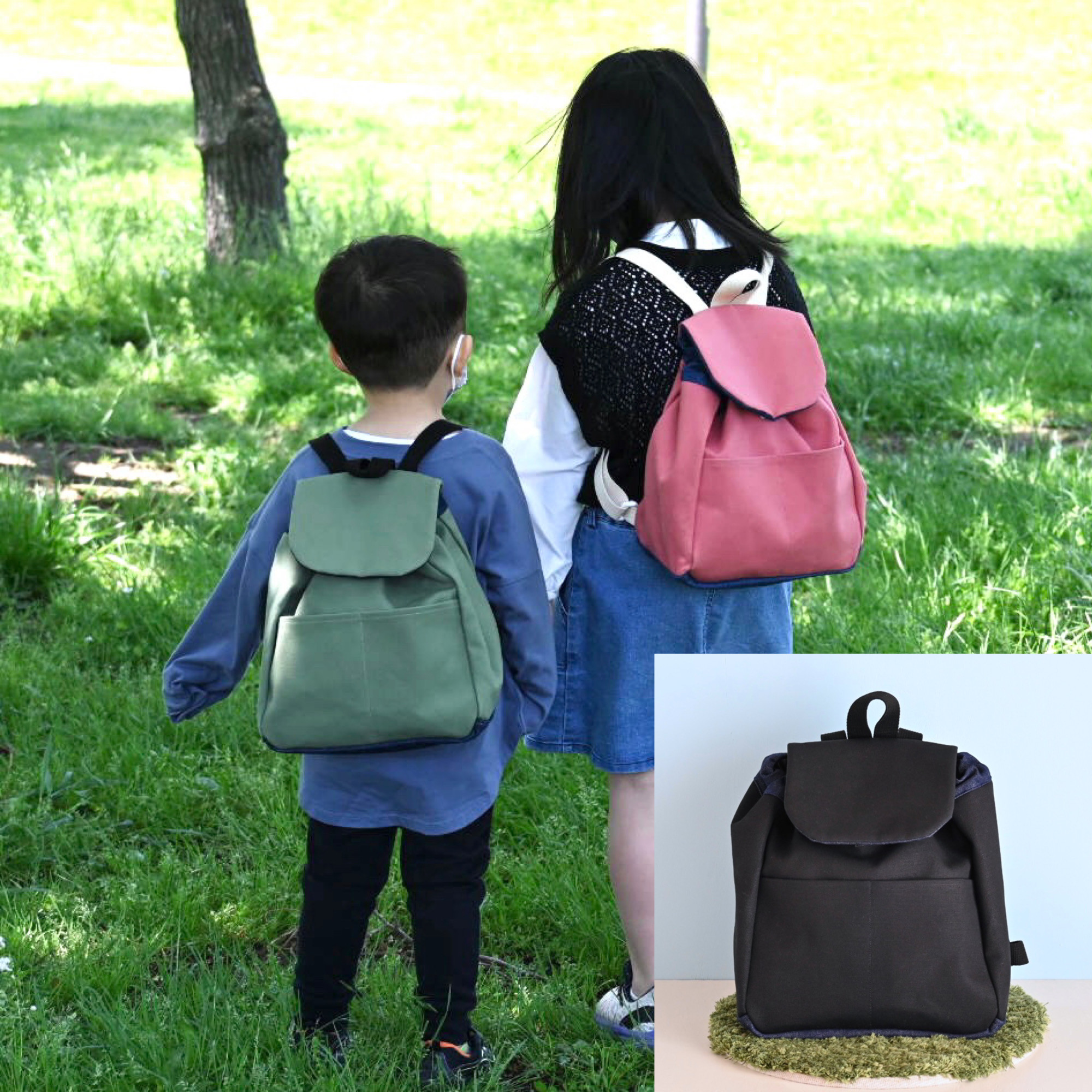 3、4歳くらいからの帆布✖️岡山産デニムのサイズアップリュック＊ブラック受注制作