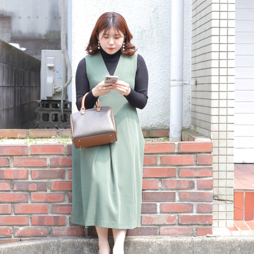 Aラインボックスプリーツ ジャンバースカート セージグリーン