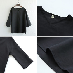 リネン Vネックフレアチュニック 体型カバー 七分袖ブラウス （ブラック）TP08. 7枚目の画像