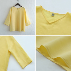 亞麻 V 領喇叭罩衫身體罩 3/4 袖襯衫（黃色）TP08。 第7張的照片