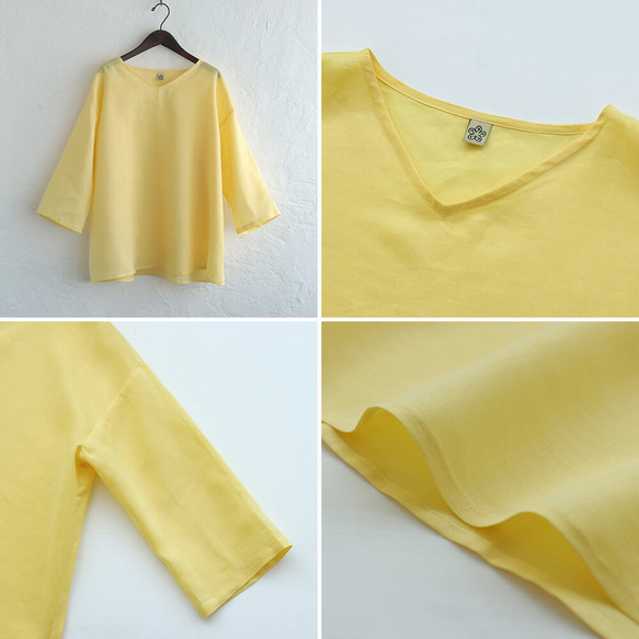 亞麻 V 領喇叭罩衫身體罩 3/4 袖襯衫（黃色）TP08。 第7張的照片