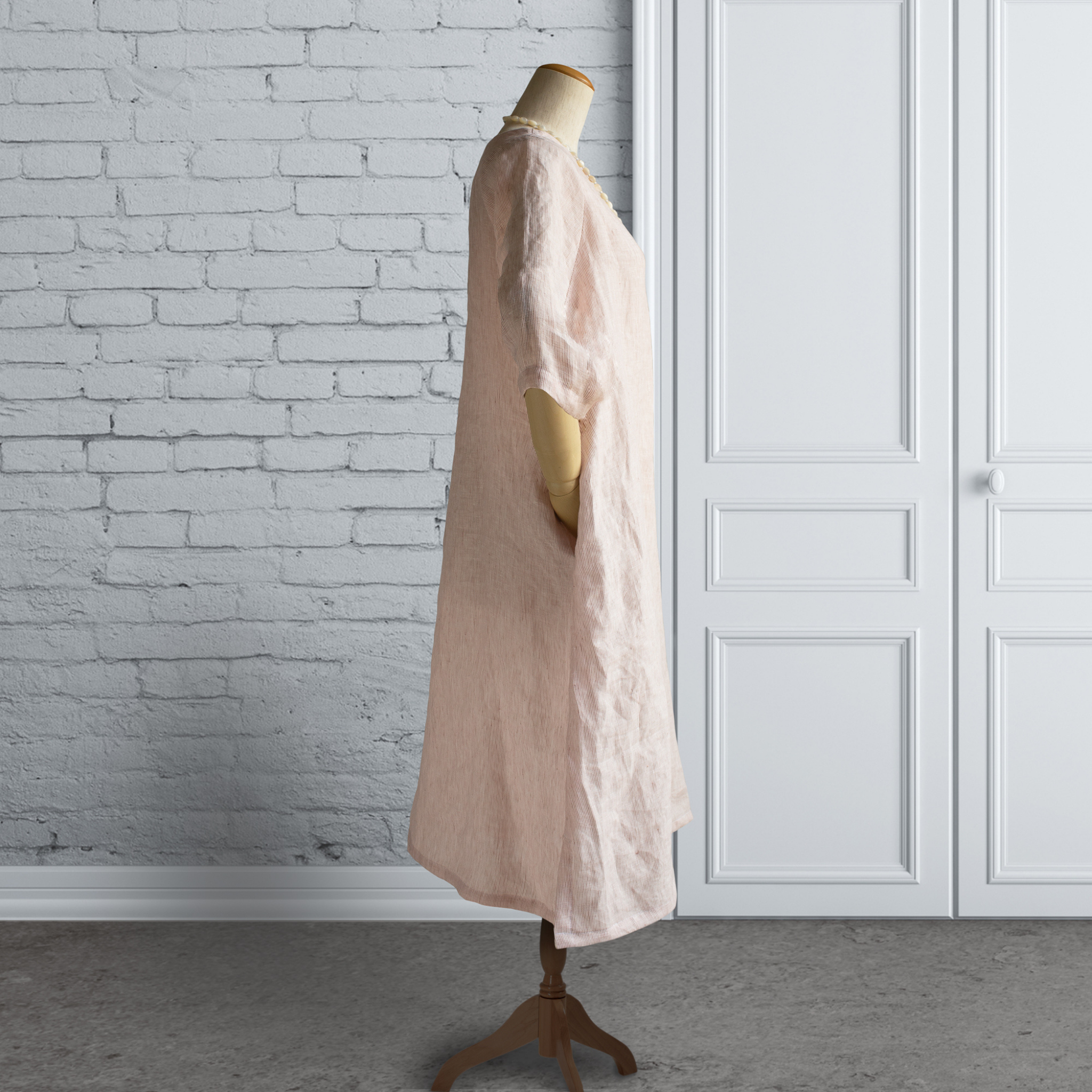 リネン100％ ラグランスリーブ ベーシックワンピース｜ピンクストライプ｜七分袖｜受注制作｜AP13