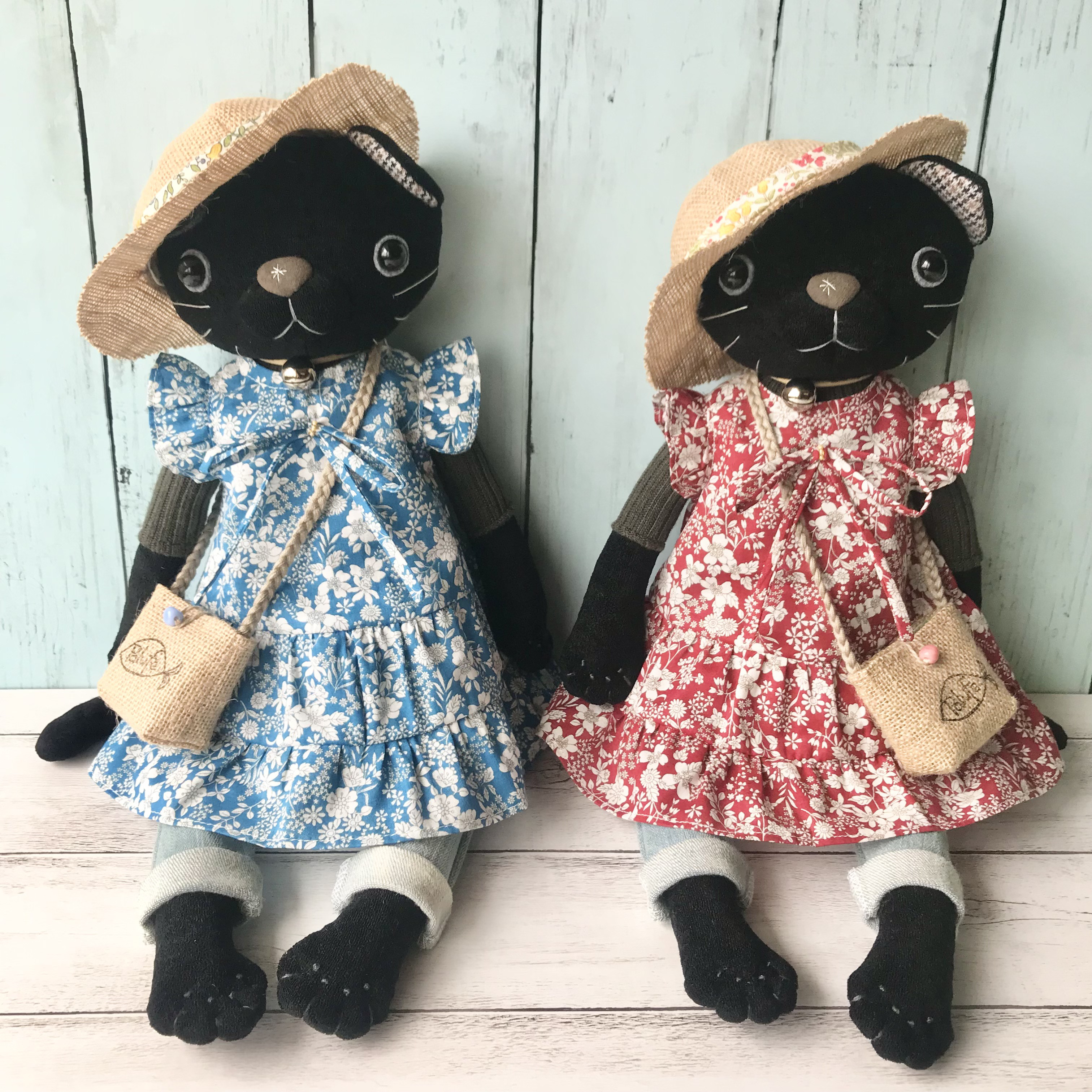 人形 麦わら帽子の猫ドール ぬいぐるみ アートドール 手作りドール オリジナル