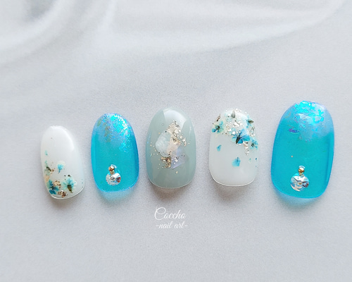 No.71 ネイルチップ ジェルネイル 夏 青 押し花ネイル シェルネイル  