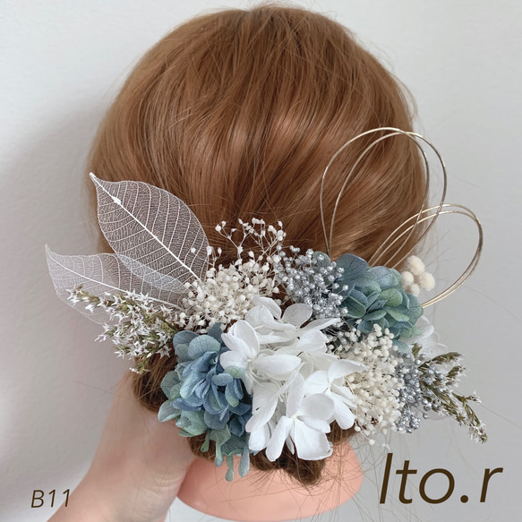 B11 ヘッドパーツ　ヘッドドレス　髪飾り　プリザードフラワー　結婚式　成人式 1枚目の画像