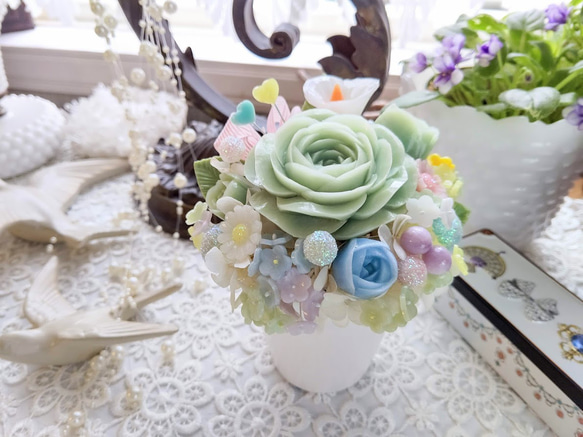 石鹸のバラと花飾りグリーンサマー・ホワイトポット/ソープカービング/石鹸彫刻 5枚目の画像