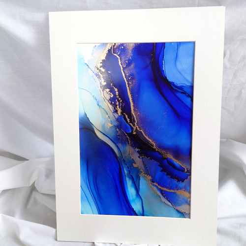 アルコールインクアート /濃い青/流れ【A4原画】 その他アート