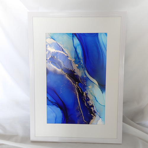 アルコールインクアート /濃い青/流れ【A4原画】 その他アート