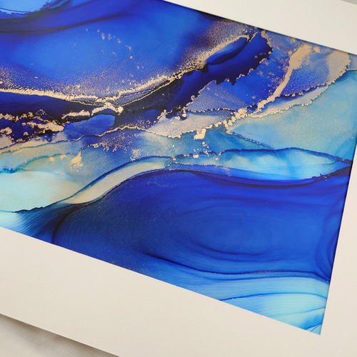 アルコールインクアート /濃い青/流れ【A4原画】 その他アート