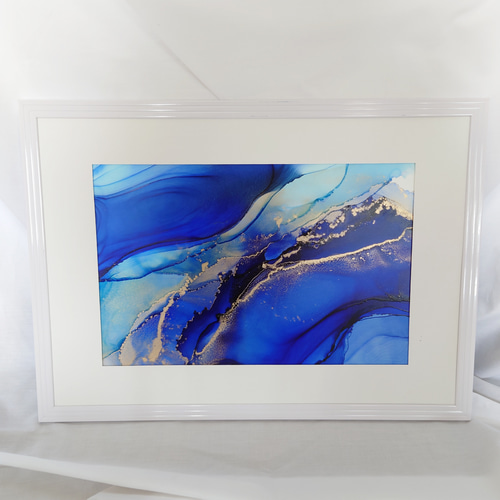 アルコールインクアート /濃い青/流れ【A4原画】 その他アート