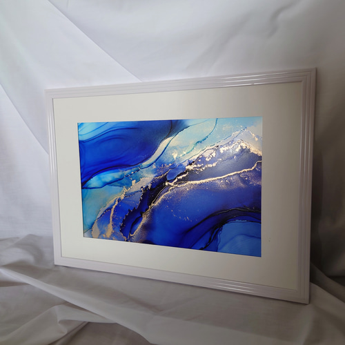 アルコールインクアート /濃い青/流れ【A4原画】 その他アート