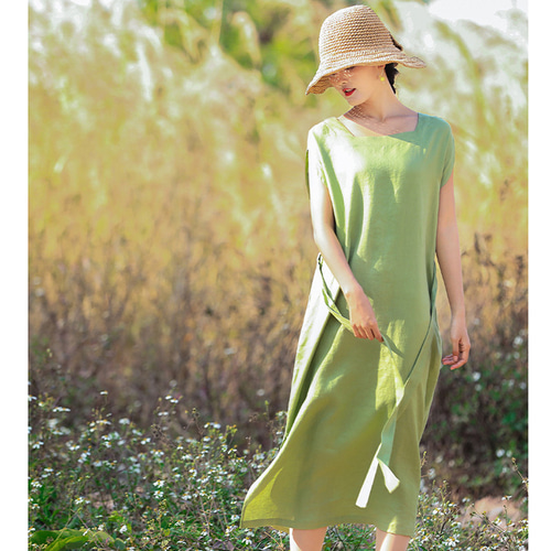 リネンワンピース ノースリーブワンピース 方形襟 ウエスト紐 横