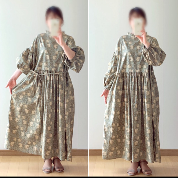 ☆受注制作☆ウィリアムモリス☆ピンパーネル☆フリル襟とバルーン袖の