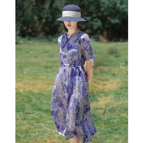 藤の花 リネンワンピース Vネック パープル ウエストに紐 4サイズ