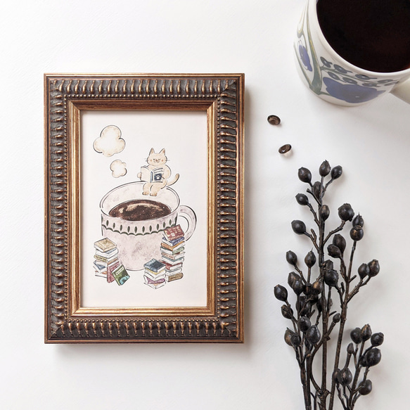 ポストカードサイズ 猫と本とコーヒー アートプリント/イラスト複製画 1枚目の画像